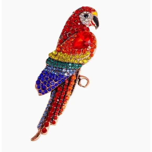 Scarlet Macaw Parrot Brooch Crystal & Enamel Gold Tone - Picture 1 of 2